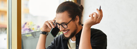Freelancer engaged in a lively phone conversation in a bright cafe setting, banner