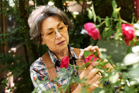 Elderly woman carefully examines bright roses, enjoying nature and nurturing her garden.の写真素材