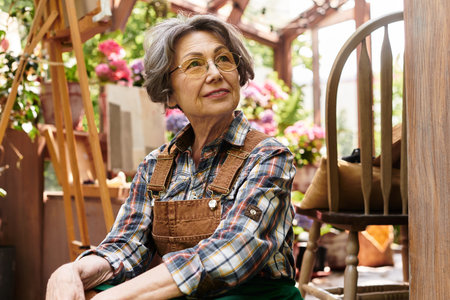 A serene senior woman enjoys nature, surrounded by vibrant flowers and greenery.の写真素材