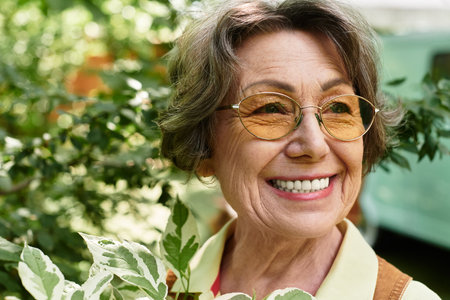 A smiling senior woman is surrounded by fragrant flowers and greenery in her garden.の写真素材