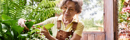 A senior woman joyfully cares for her flourishing garden, surrounded by vibrant plants and flowers.の写真素材