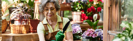 Beautiful senior woman carefully cultivates colorful plants in her enchanting garden spaceの写真素材