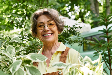 Senior woman smiles brightly while nurturing her vibrant garden filled with greenery and life.の写真素材