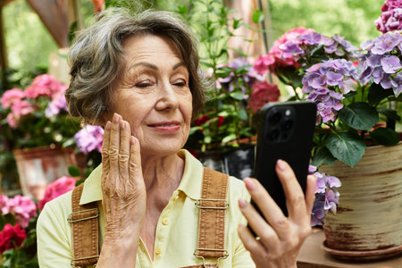 A joyful elderly woman admires her smartphone while surrounded by colorful garden flowers.の写真素材
