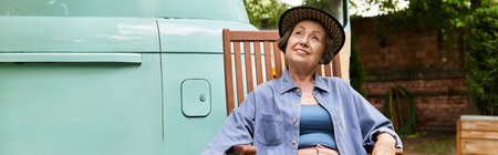Amidst lush greenery, a joyful senior woman relaxes in her garden, soaking in the sun and serenity.の写真素材
