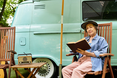A senior woman enjoys her book in a vibrant garden, surrounded by greenery and a vintage van.の写真素材