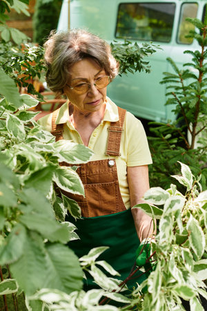 A beautiful elder woman enjoys her time in a flourishing garden, nurturing her plants.