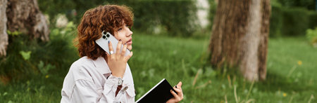 A young woman with curly hair talks on her phone while sitting in a lush park, banner