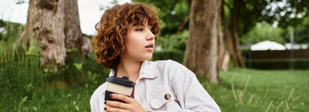 A young woman with curly hair relaxes in the park, sipping coffee in the sun, banner