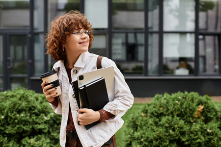 A young woman with curly hair smiles while holding coffee and notebooks outside her office.