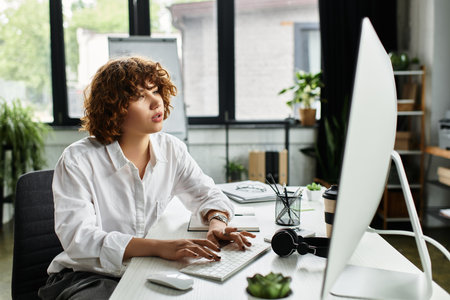 Young businesswoman with curly hair is focused on her tasks in a stylish office during summer.の写真素材