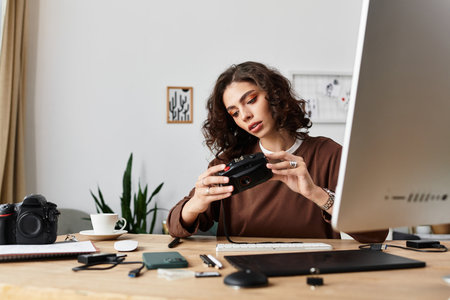 Curly-haired woman focuses intently on her camera while working in her home office.の写真素材