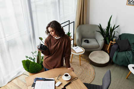Curly-haired woman enjoys her remote work while exploring photography in her cozy space.