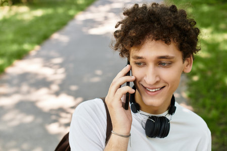 A young man with curly hair smiles while chatting on his phone in a lush green park.の写真素材