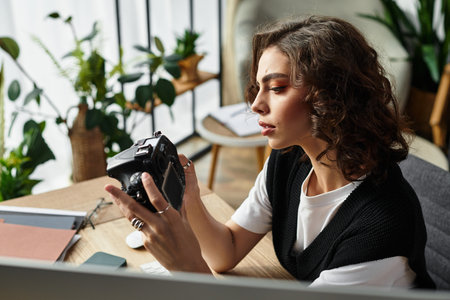 A young woman with curly hair works remotely in her stylish home office, focused on her camera.の写真素材