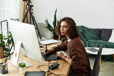A talented artist focuses on retouching with a graphic tablet in her inviting workspace.の写真素材