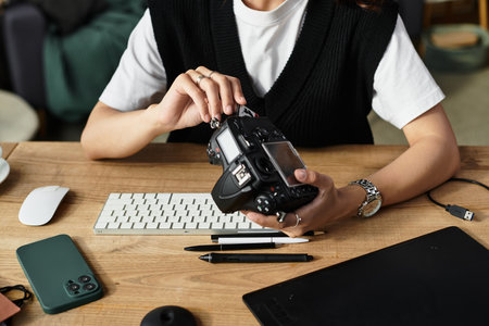 A talented young woman is focused on her camera while working from the comfort of her home.
