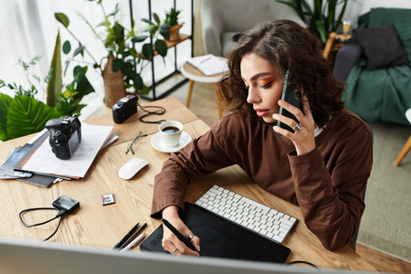 Young woman with curly hair focuses on editing and retouching while on a call at home.