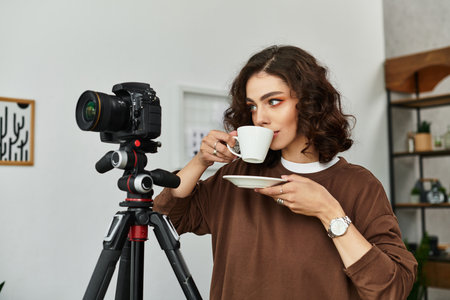 A beautiful young woman is sipping coffee, focused on her camera setup at her cozy home office.