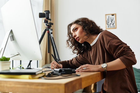 Freelancer focuses on retouching photos while working at her home office desk.の写真素材