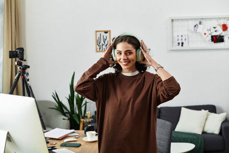 Young woman with curly hair smiles as she engages in her work from home environment with passion.