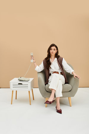 A young woman in stylish clothes sits gracefully with a vintage phone in a comfy chair.