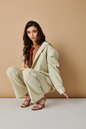 A fashionable young woman showcases her stylish attire and graceful pose in a chic studio.の写真素材