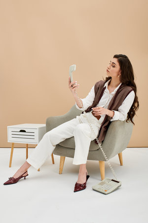 A young woman with long brown hair enjoys a call while seated in a stylish outfit.