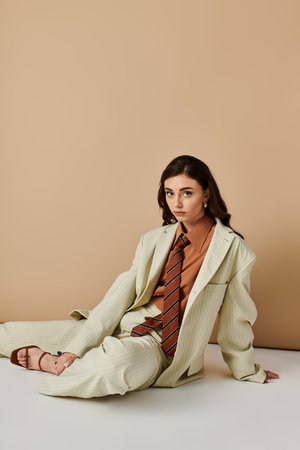 A fashionable young woman exudes confidence in her sleek suit and tie while posing in a studio.の写真素材