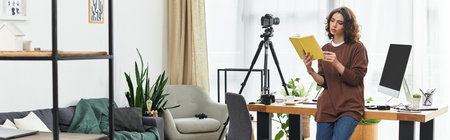 Freelancer with curly hair reading a book and preparing for her next photography session, bannerの写真素材