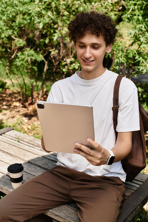 Curly-haired young man sits in a green park, happily using his tablet and sipping coffee.