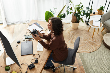 Curly-haired freelancer immersed in creative tasks, surrounded by plants and design tools.