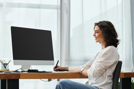 Young woman with curly hair enjoys editing on her graphic tablet while working from home.の写真素材