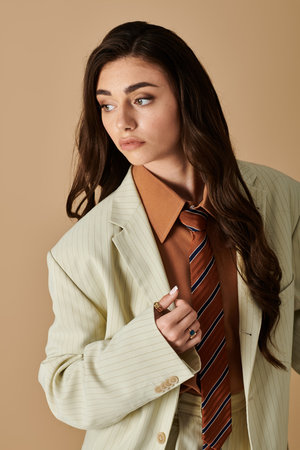 A young woman with long brown hair models a fashionable suit and tie against a warm backdrop.