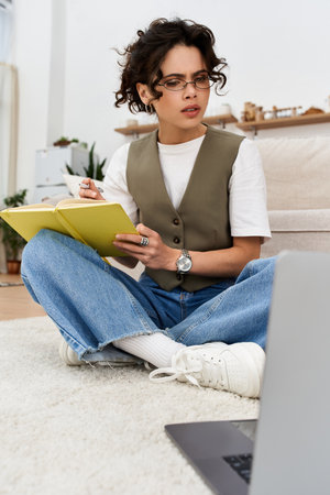 A young woman is focused on her studies while sitting comfortably in a stylish apartment.
