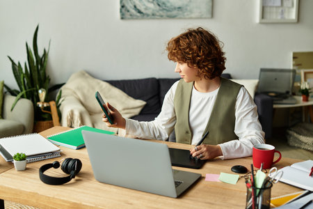 Young woman with curly hair focuses on her phone while working on her graphic tablet at home.
