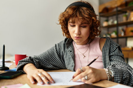 Young woman with curly hair focuses on her remote work while sketching in her cozy apartmentの写真素材