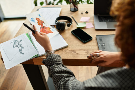 Young woman focuses on her artwork while working from home on a graphic tablet.