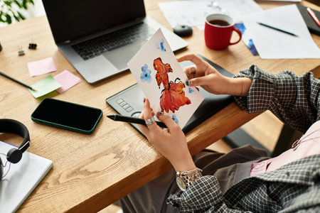 Young woman explores her artistic side while freelancing from home.