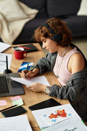 A young woman with curly hair engages in creative work at her desk.