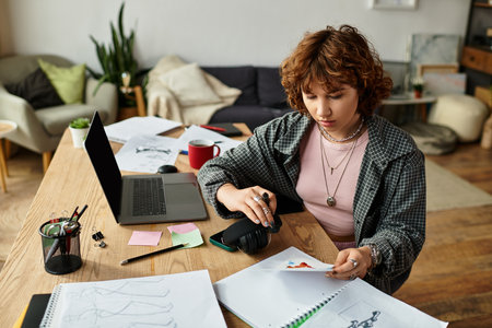 Young woman with curly hair focuses on her art while working remotely in a bright apartment space.