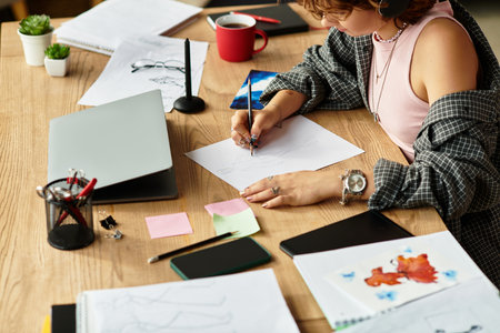 A young woman focused on her work at home, drawing and enjoying her day.