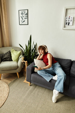 Curly-haired woman lounges on a couch, immersed in her phone while unwinding in her apartment.の写真素材