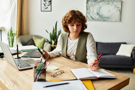 A young woman with curly hair diligently works on projects in her home office.