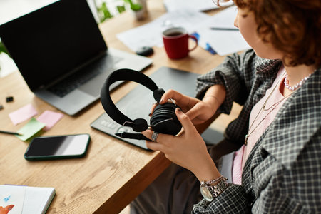 Young woman with curly hair works diligently from her comfortable apartment, laptop in view.の写真素材
