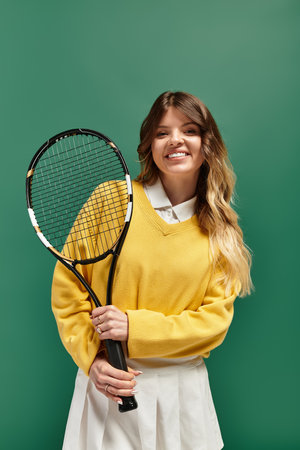 Bright summer vibes as a joyful young woman poses with a tennis racket against a green backdrop.の写真素材