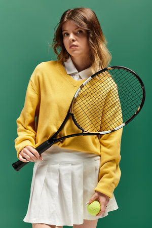 Beautiful young woman stands confidently with a tennis racket and ball, radiating summer energy.