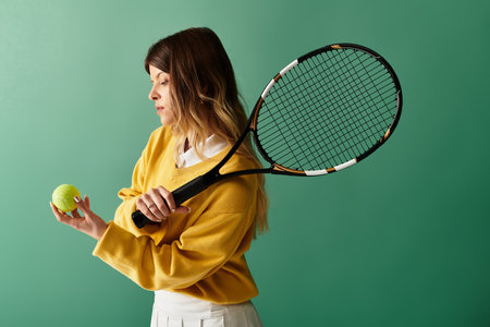 A young woman with a racket and tennis ball stands against a vibrant green backdrop.の写真素材