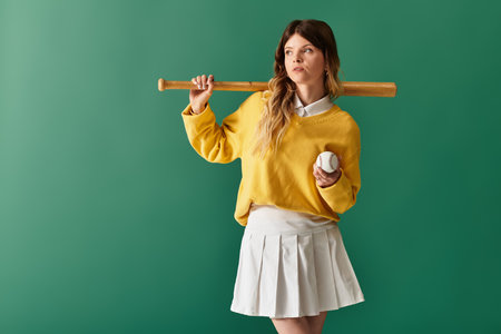 Bright summer day finds a young woman with a baseball bat and ball, exuding confidence and style.