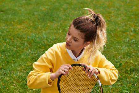 A beautiful young woman in a yellow sweater plays tennis, radiating summer energy outdoors.